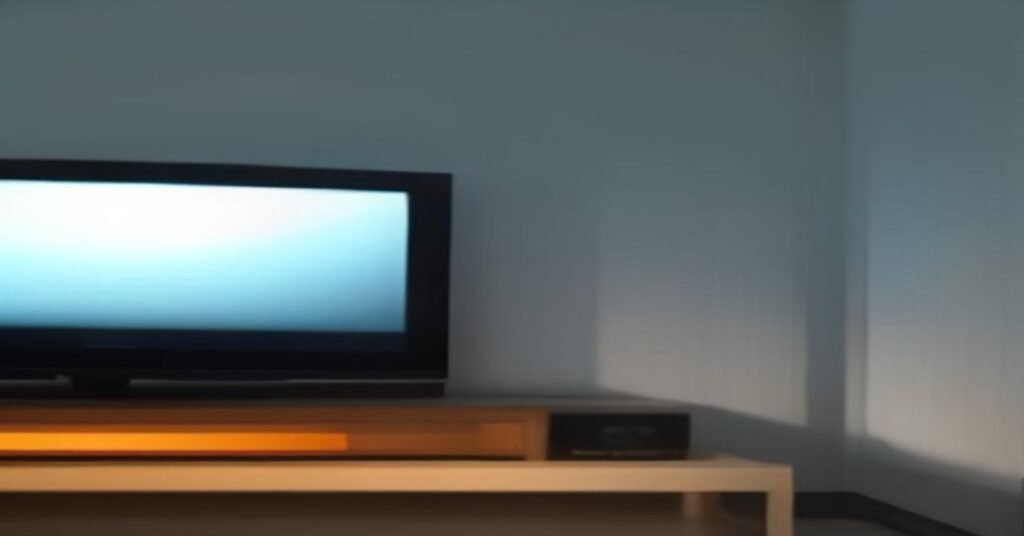 Detalhe de cabo de rede azul conectado na entrada ethernet de uma Smart TV com iluminação contrastante.