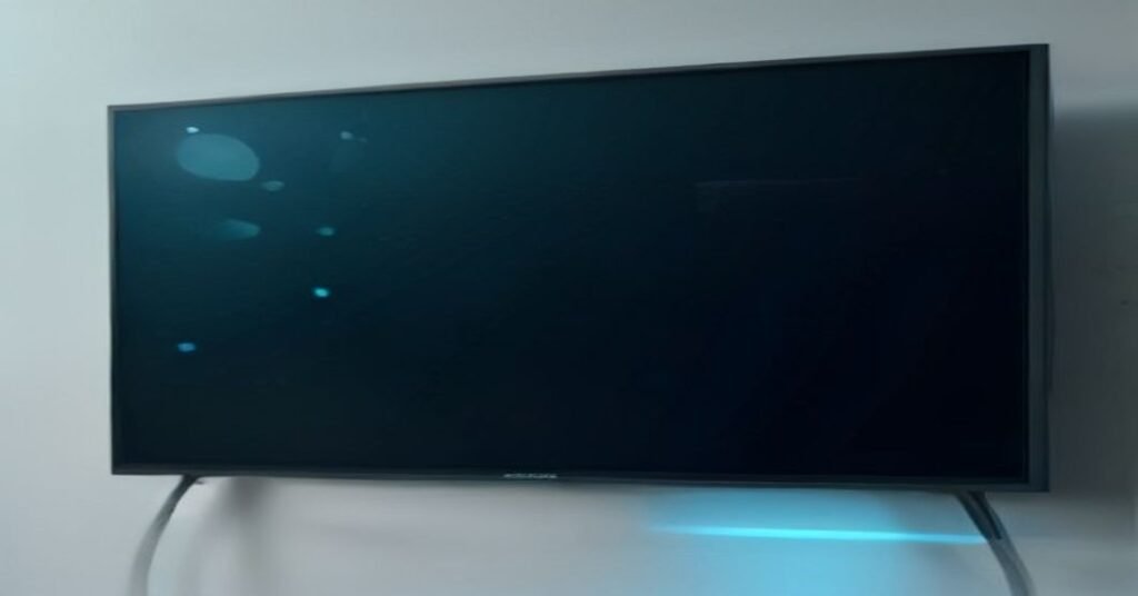 Cabo de rede azul conectado na entrada LAN de uma Smart TV Samsung com LEDs acesos.