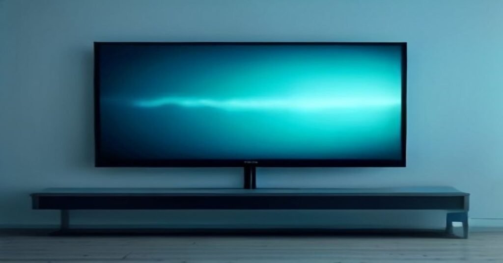 Smart TV Samsung exibindo interface de IPTV colorida, conectada a um roteador moderno com luzes azuis em um ambiente escuro.