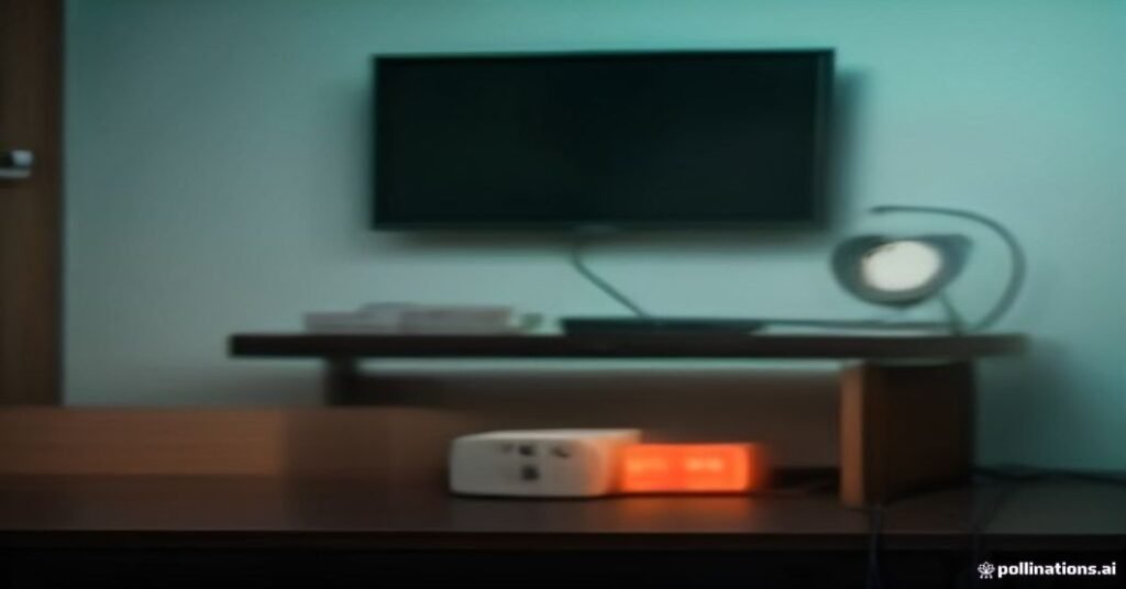 Roteador moderno de alta performance com cabos de rede conectados em ambiente de iluminação ciano e laranja suave.
