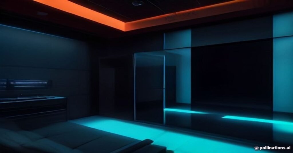 Equipamentos de rede em um data center, com roteadores e cabos de fibra óptica iluminados por luzes laranjas e ciano.
