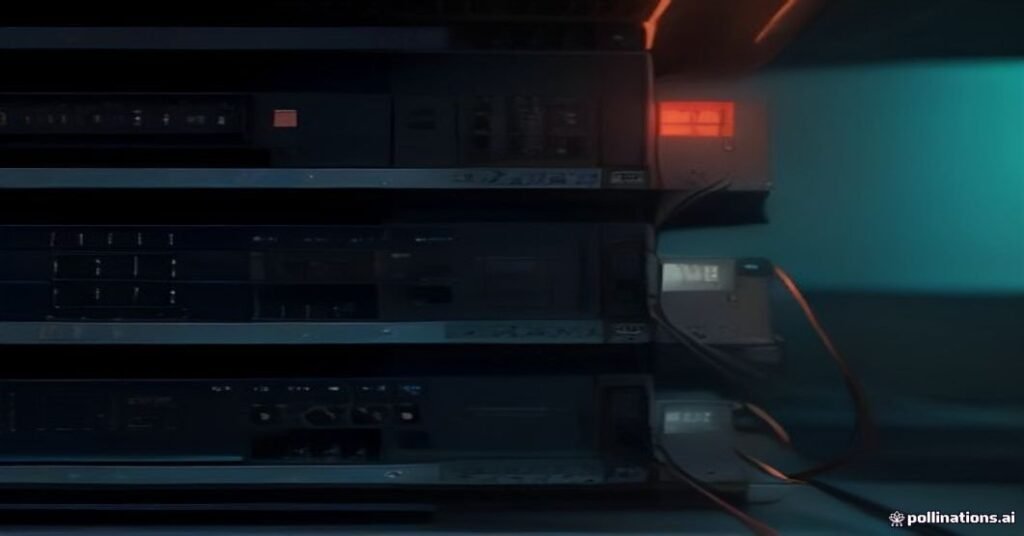 Equipamentos de rede com luzes piscando e cabos Ethernet em um ambiente escuro com iluminação laranja e ciano.
