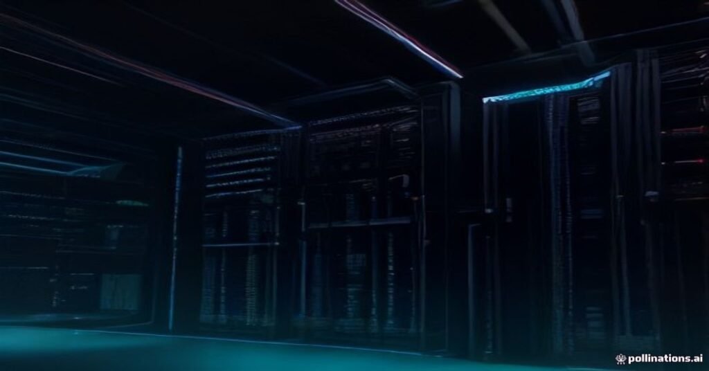 Rack de servidores de um data center com cabos de rede coloridos e indicadores de atividade, em fotografia editorial.