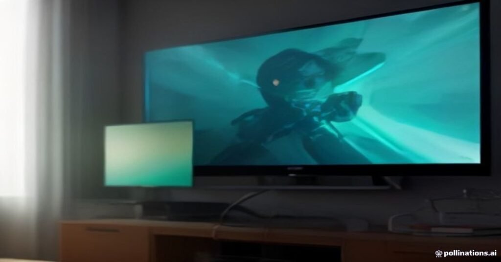 Cabos de rede conectados a um roteador, com uma tela de TV borrada no fundo exibindo um vídeo pausado, sob iluminação em tons de laranja e ciano.