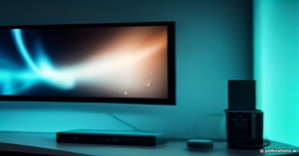 Roteador moderno com cabos conectados e luzes piscando, em frente a uma TV com tela de IPTV travada, iluminado por luzes laranja e ciano.