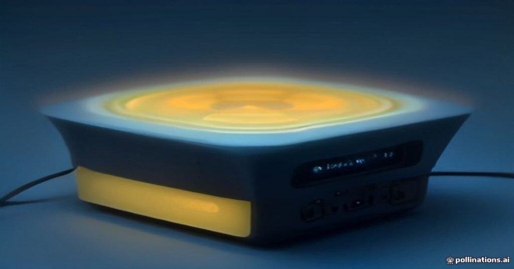 Roteador wi-fi preto com cabos de rede amarelos conectados em ambiente de iluminação azul e laranja.