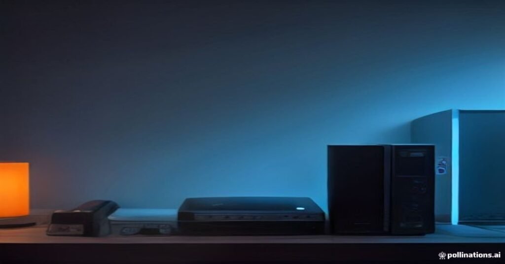 Roteador moderno de alta performance com luzes indicadoras e cabos de rede conectados em ambiente técnico escuro.