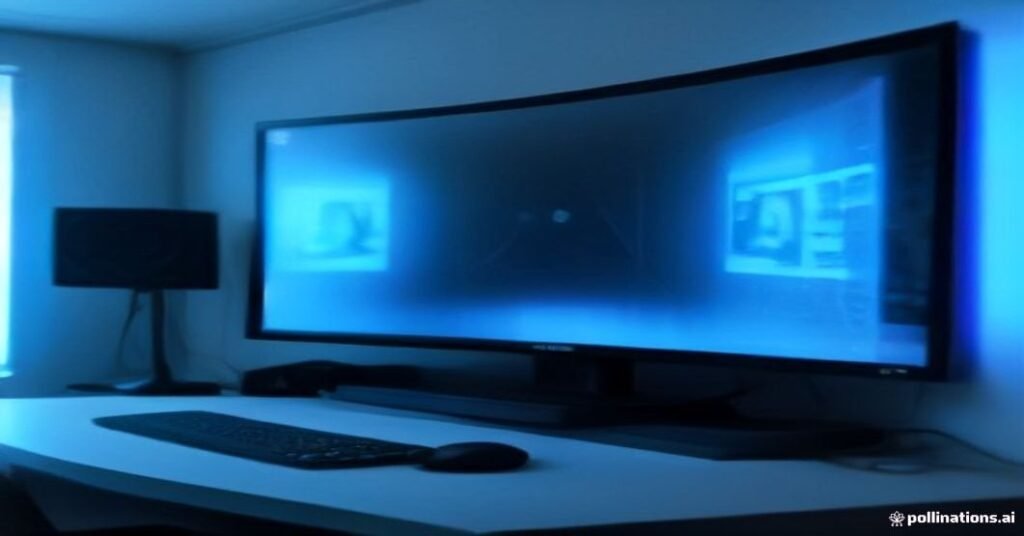 Laptop mostrando tela de configuração do VLC em mesa escura iluminada por leds azuis e laranjas de um roteador de internet.