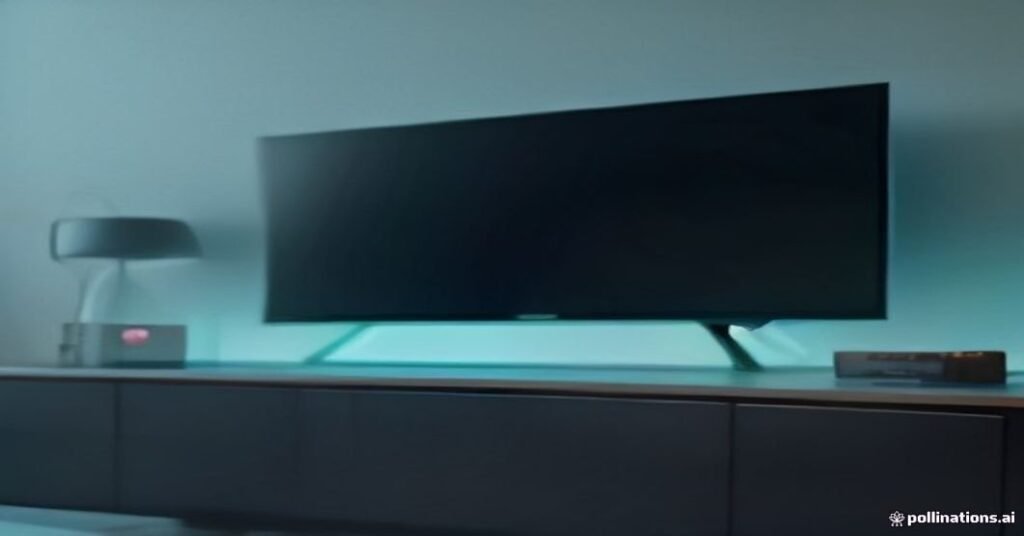 Tela de TV exibindo painel de dados técnicos ao lado de um roteador com luzes LED azuis acesas em ambiente escuro.