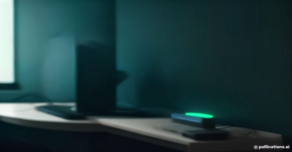 Cabo de rede conectado a um roteador moderno piscando luzes azuis, com tela de TV borrada ao fundo exibindo dados.