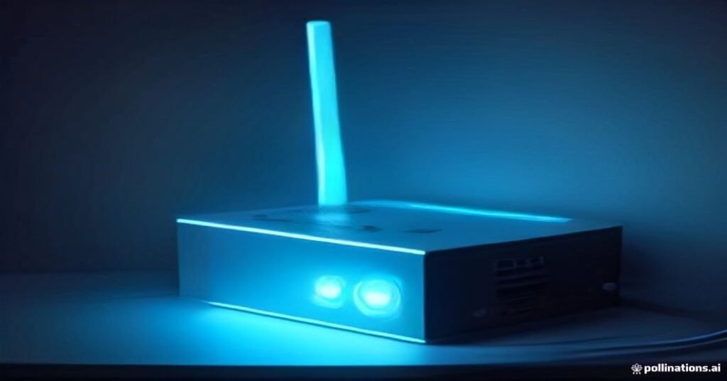 Roteador moderno com luzes azuis e cabos de rede conectados em ambiente com iluminação contrastante ciano e laranja.