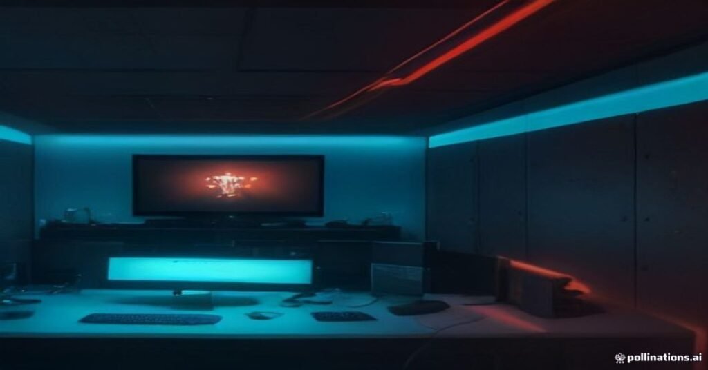 Sala de controle de rede com servidores iluminados e monitor exibindo dados de streaming, em tons de laranja e ciano.