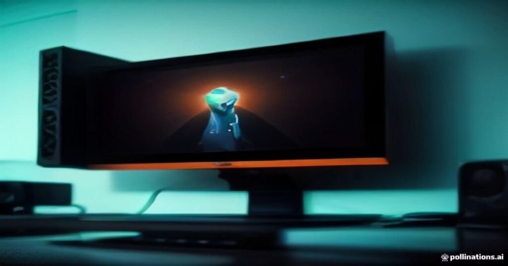 Tela do VLC Media Player exibindo uma lista M3U8, com equipamentos de rede desfocados ao fundo, em tons de laranja e ciano.