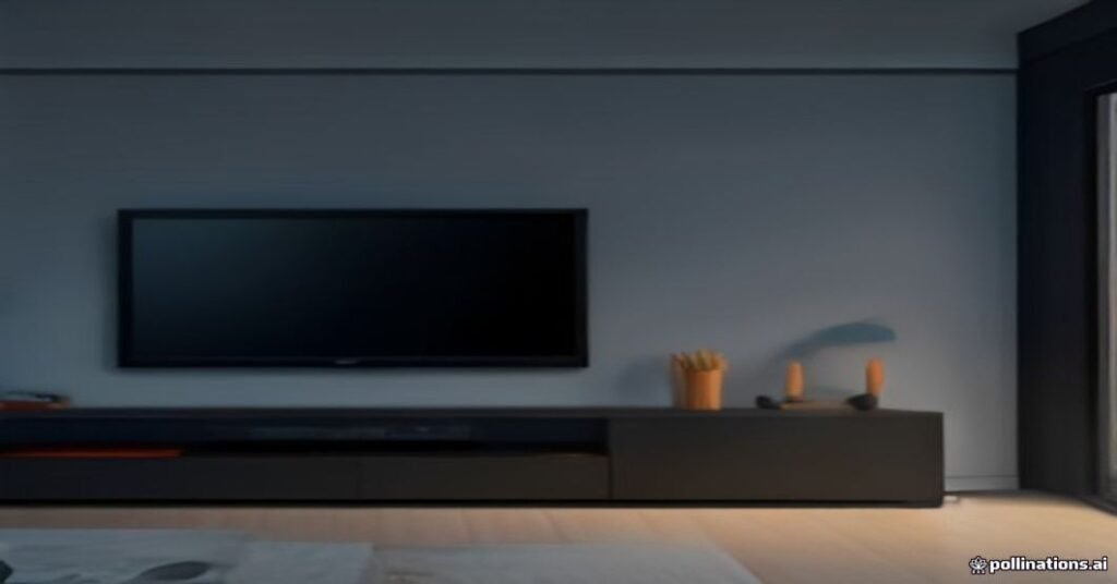 Smart TV conectada na parede com cabos de rede e roteador com luzes azuis e laranjas em ambiente escuro.