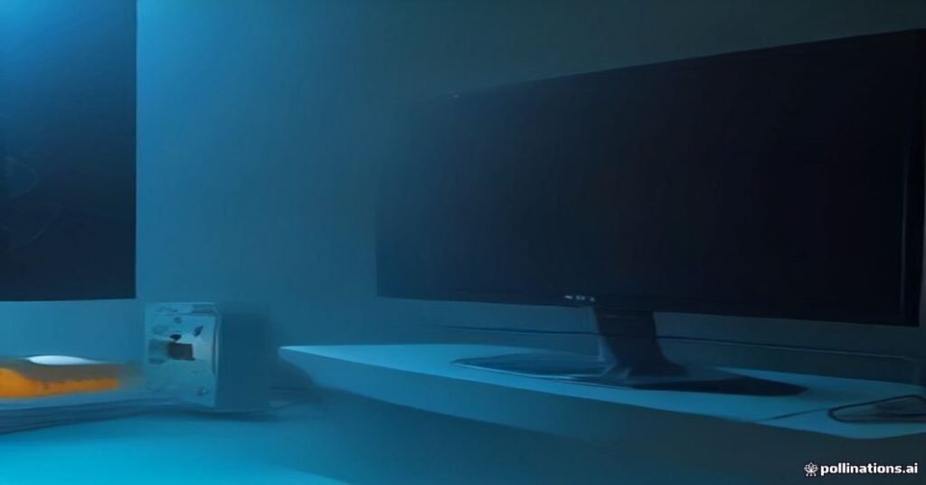 Cabo de rede amarelo conectado na porta LAN traseira de uma smart TV com iluminação contrastante azul e laranja.