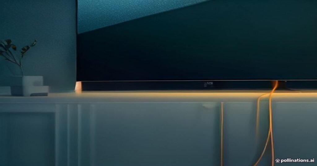 Cabo de rede Ethernet conectado na entrada traseira de uma Smart TV LG com iluminação técnica azul e laranja.