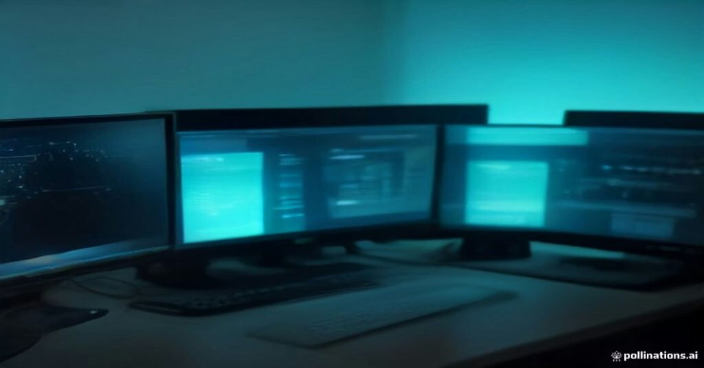 Mesa de um engenheiro de rede com monitores exibindo topologias de rede e resultados de traceroute, cabos de rede iluminados.