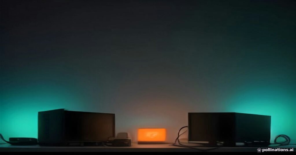 Cabo de rede conectado a um switch ao lado de uma régua de energia, com iluminação laranja e azul.