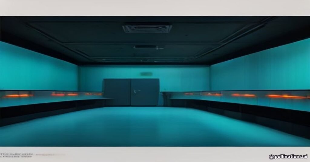 Servidores de rede e equipamentos de transmissão em uma sala de controle com iluminação contrastada.