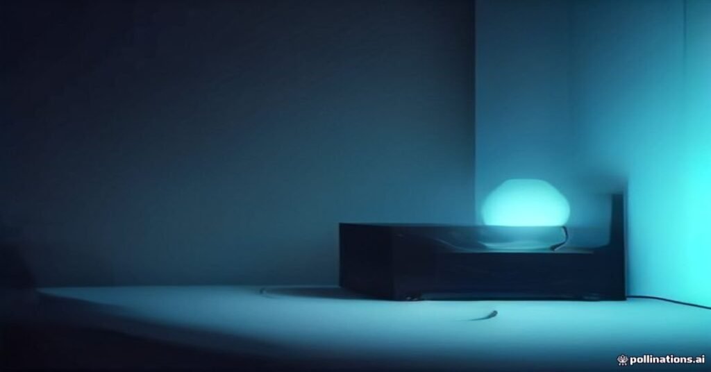 Roteador moderno com cabo de rede RJ45 amarelo conectado, iluminado por leds azuis em fundo escuro com tons quentes.