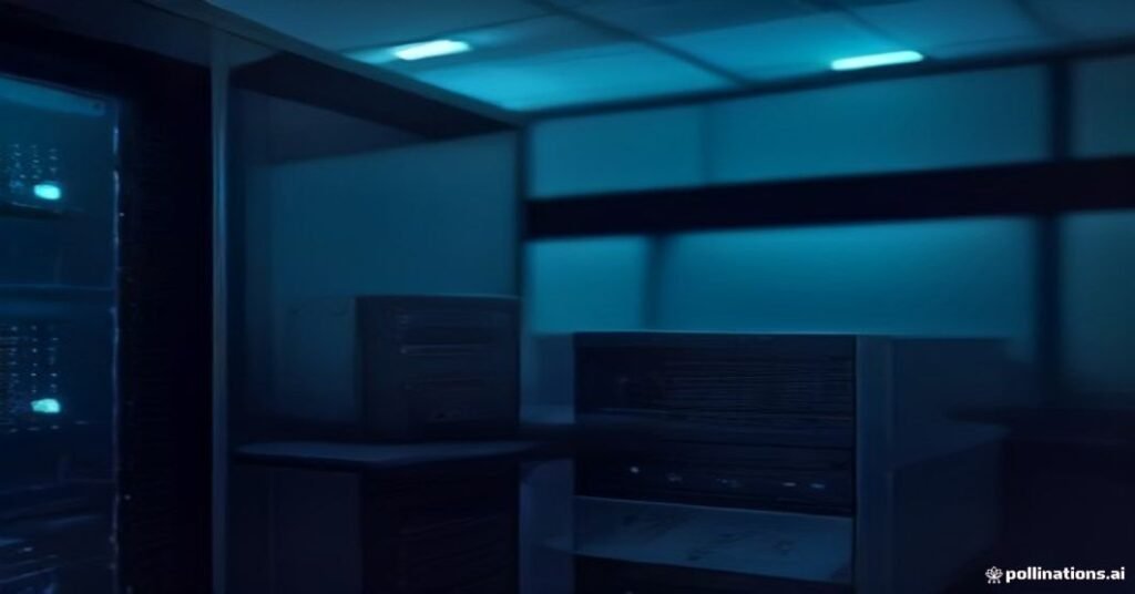 Roteador de rede moderno com cabos conectados e luzes indicadoras acesas em ambiente técnico escuro.