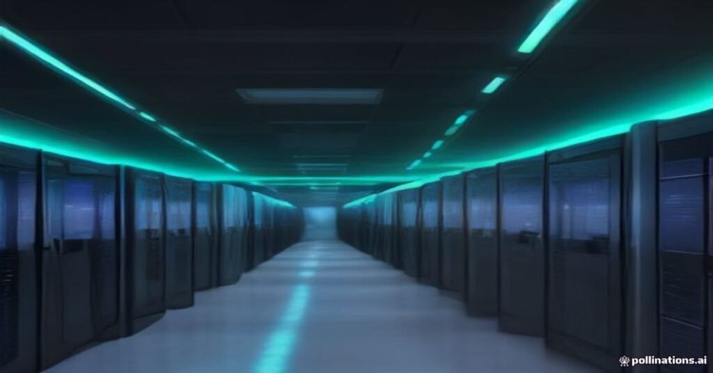 Servidores em um data center com cabos de rede e luzes neon, simbolizando a infraestrutura de transmissão de vídeo.