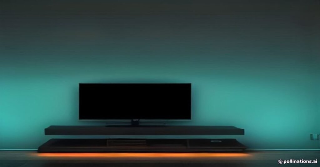 Cabo de rede conectado à porta Ethernet de uma Smart TV com iluminação azul e laranja em ambiente escuro.